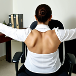 **Image Prompt:** A Turkish office worker discreetly performing a seated back stretch in their office chair, hands behind the chair, chest pushed forward. Soft, natural lighting. Focus on posture correction.