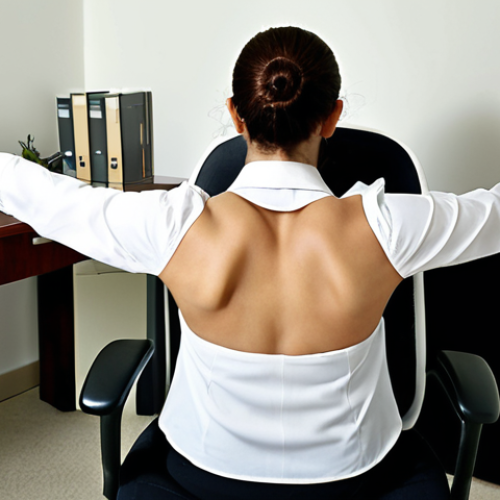 **Image Prompt:** A Turkish office worker discreetly performing a seated back stretch in their office chair, hands behind the chair, chest pushed forward. Soft, natural lighting. Focus on posture correction.