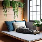 **Office Napping Corner:** A cozy, quiet corner in an office space, transformed into a napping area. Include plants, a screen for privacy, a soft cushion, and dim lighting. The scene should evoke relaxation and escape from the busy office environment. Focus on creating a serene and inviting atmosphere for a power nap.