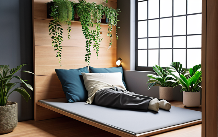 **Office Napping Corner:** A cozy, quiet corner in an office space, transformed into a napping area. Include plants, a screen for privacy, a soft cushion, and dim lighting. The scene should evoke relaxation and escape from the busy office environment. Focus on creating a serene and inviting atmosphere for a power nap.