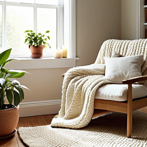 ** A serene corner in a house with soft textures. Focus on a thick rug, a plush knit blanket draped over a comfortable armchair or large floor cushion, and several soft pillows. Natural light streaming in from a nearby window is essential, along with a few potted green plants. Add personal touches like favorite books, candles, and framed photos. Aim for a feeling of warmth, comfort, and tranquility.

**