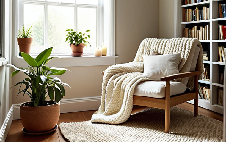 ** A serene corner in a house with soft textures. Focus on a thick rug, a plush knit blanket draped over a comfortable armchair or large floor cushion, and several soft pillows. Natural light streaming in from a nearby window is essential, along with a few potted green plants. Add personal touches like favorite books, candles, and framed photos. Aim for a feeling of warmth, comfort, and tranquility.
**